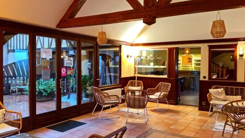 Cozy Hotel Lobby Interior Exposed Wooden Beams Rattan Chairs Normandy France Stock Footage 333500037