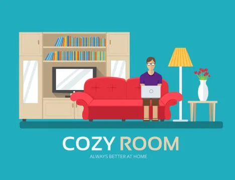 Cozy house in flat design background concept. The guy sitting on the couch in Stock Illustration