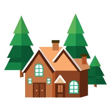Cozy house with pine trees vector illustration isolated on white background イラスト素材