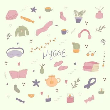 Cozy hygge elements warm safe light flowers Stock Illustration