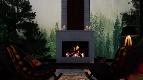 Cozy indoor interior featuring a classic white fireplace with burning fire, rock Stock Footage 346760350