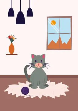 Cozy Interior With Cute Cat Vector Stock Illustration