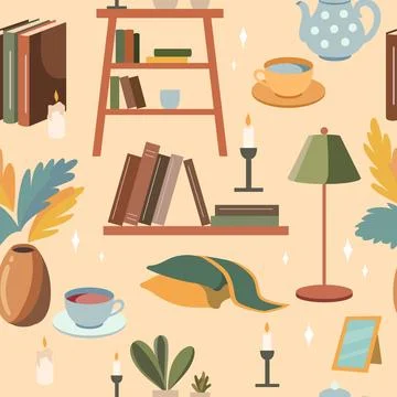 Cozy interior elements seamless pattern. Repeated hygge isolated items, book and Illustrazione stock