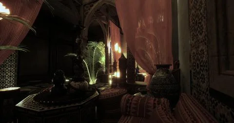 Cozy interior of an exotic lounge with soft lighting and lush decor Stock Illustration
