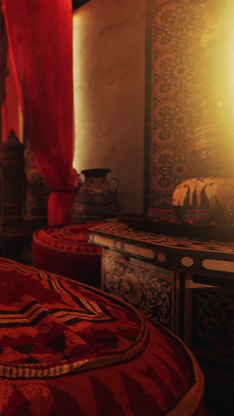 Cozy interior with patterned textiles and warm lighting at local setting Stock Footage 342654097