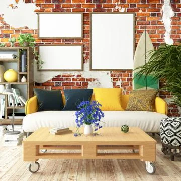 Cozy interior poster mock up with old brick wall Stock Illustration