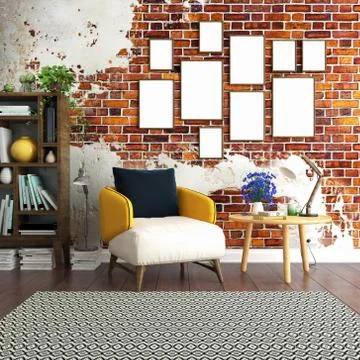 Cozy interior poster mock up with old brick wall Stock Illustration