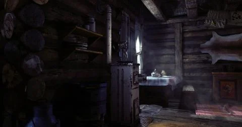 Cozy interior of a rustic cabin with light streaming through the window Illustrazione stock