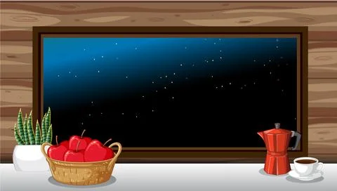 Cozy Interior Window View of Starry Night Sky with Apples and Coffee Stock Illustration