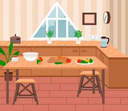Cozy Kitchen Interior, Cooking Process on Table Stock Illustration