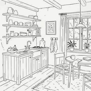 Cozy kitchen interior with dining area, line drawing, illustration Silhouette Stock Illustration
