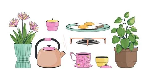 Cozy kitchen items in Lo-Fi aesthetic 2D cartoon objects set Stock Illustration