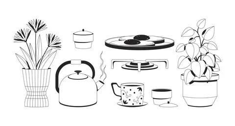 Cozy kitchen items in Lo-Fi aesthetic 2D line objects set 스톡 일러스트