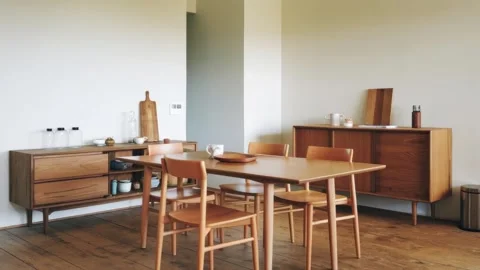 Cozy kitchen made of wood with table and wooden cabinets, stop motion sequenc Stock Footage 303360376