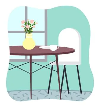 Cozy kitchen, round table, vase, dishes, white chair, picture in smooth frame Stock Illustration