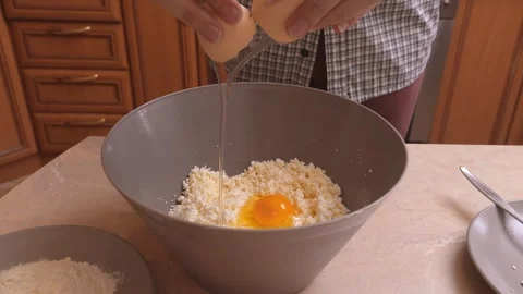 Cozy Kitchen Setup Where Cottage Cheese And Eggs Are Mixed For Breakfast Stock Footage 330025567