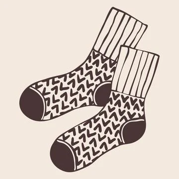 Cozy Knitted Socks with Ribbed Cuff and Check Pattern. Hand Drawn Doodle St.. イラスト素材