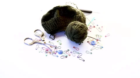 Cozy knitting hobby with yarn needles and colorful clips Stock Footage 330951139