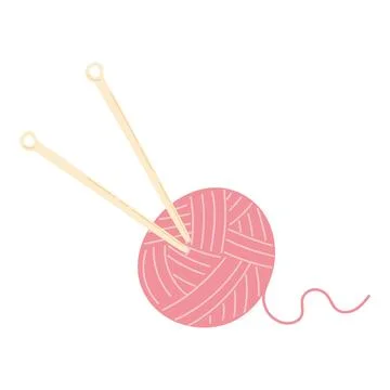 Cozy knitting needles and threads, pink yarn ball isolated on white backgro.. Stock Illustration