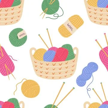 Cozy knitting seamless pattern. Basket with colorful yarn balls, skeins of wool Illustrazione stock