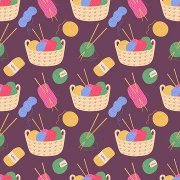 Cozy knitting seamless pattern. Basket with colorful yarn balls, skeins of wool Stock Illustration