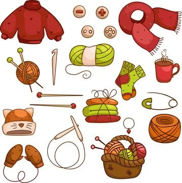 Cozy knitting set of elements. Vector illustration, needlework elements, yarn 스톡 일러스트