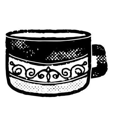 Cozy large cup with a pattern. Graphics, linocut, texture. Vector element. Illustrazione stock