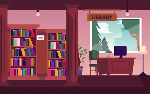 Cozy library interior vector with bookcases and desk with computer. Stock Illustration