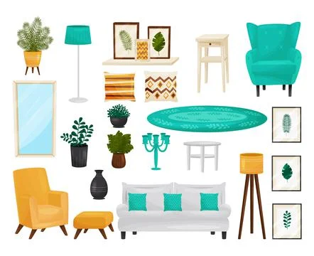Cozy living room interior elements set. Furniture, potted house plants, lamp Stock Illustration