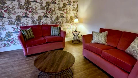 Cozy living room with red sofas and floral wallpaper Stock Footage 328337134