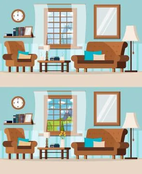 Cozy living room set with furniture and window view of winter and summer lake Stock Illustration