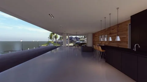 Cozy luxury modern house kitchen sea view 3d animation Stock Footage 192741953