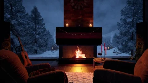 Cozy modern winter cabin interior featuring a large stone fireplace, burning fir Video stock 346052628