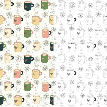 Cozy morning in winter patterns with mugs of hot tea, coffee, and snowflakes 스톡 일러스트
