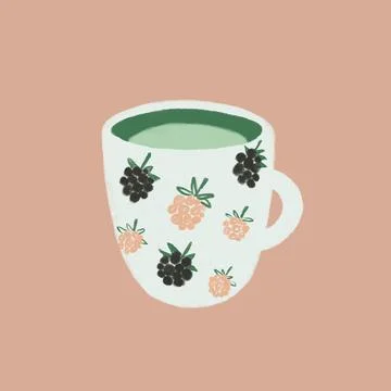 Cozy mug with berry pattern, pencil sketch cute teacup illustration Stockillustratie