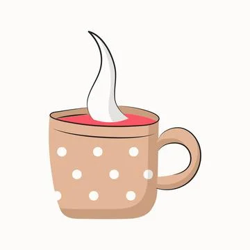 Cozy mug with hot raspberry tea. Beige cup in circles. Dishes with hot fragrant Stock Illustration