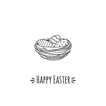 Cozy nest with Easter eggs and inscription Happy Easter. Stock Illustration