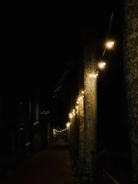 Cozy Night Pathway with String Lights Stock Photos