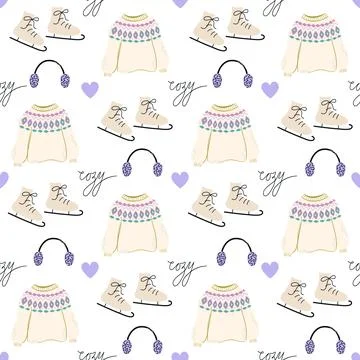 Cozy objects background. Cute Winter seamless pattern. Stock Illustration