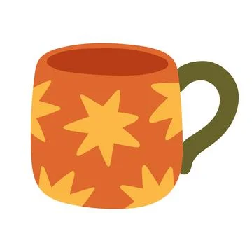 Cozy orange ceramic mug with yellow star pattern vector isolated on white 스톡 일러스트
