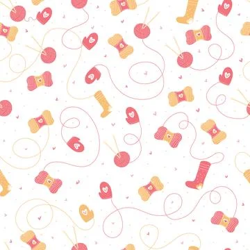 Cozy pattern with knitting and crocheting craft elements on white background Ilustración de archivo