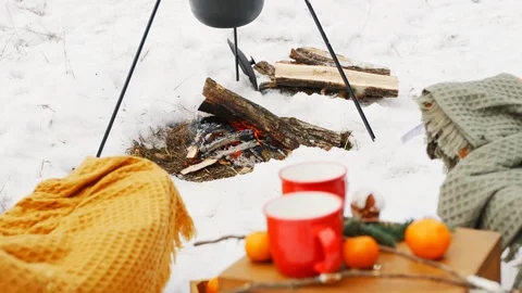 A cozy place by the fire in the winter forest. Couches by the fire. Concept cozy Vídeos de archivo 99837951