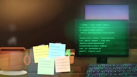 Cozy Programmer Desk with Scrolling Code on Computer Screen at Night Stock Footage 341455210