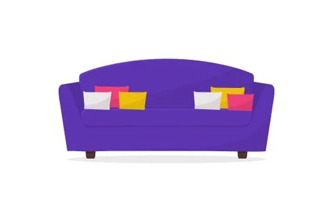 Cozy purple sofa. Comfortable couch with pillows. Furniture for living room. Stock Illustration