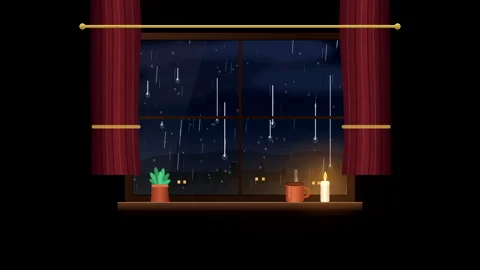 Cozy rainy night window view with thunderstorm and glowing candle animation loop Stock Footage 347941409