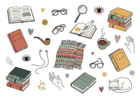 Cozy Reading Essentials: Books, Blanket, Coffee, Glasses, Cat, Pipe Stock Illustration