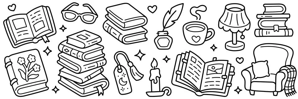Cozy reading line icon set. Open novel, glasses, stacked books, quill, coffee Stock Illustration