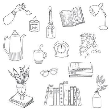 Cozy reading nook with decorative elements. Set of cute book theme clipart. Illustrazione stock