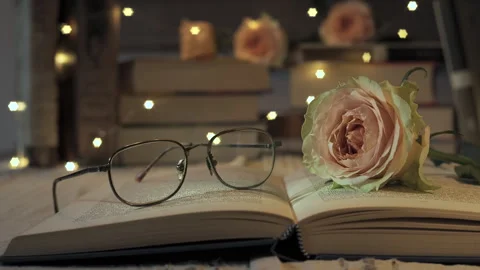 Cozy reading nook with open book, glasses, and elegant rose amidst soft fairy Stock Footage 292608727