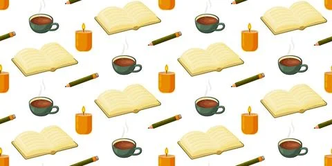 Cozy Reading Pattern with Books, Pencils, Candles Stock Illustration